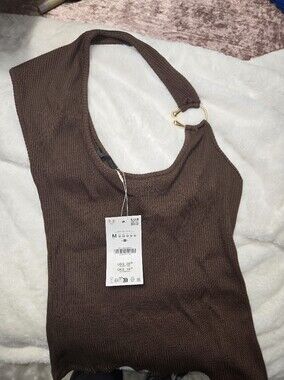 Zara Brown One-Shoulder Ribbed Tank with Gold Ring